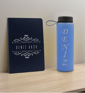 BK Gift Kişiye Özel İsimli Lacivert Defter ve Mavi Cam Matara Hediye Seti-8, Sevgiliye Hediye, Arkadaşa Hediye, Yeni İş Hediyesi