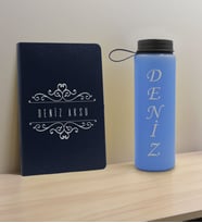 BK Gift Kişiye Özel İsimli Lacivert Defter ve Mavi Cam Matara Hediye Seti-8, Sevgiliye Hediye, Arkadaşa Hediye, Yeni İş Hediyesi