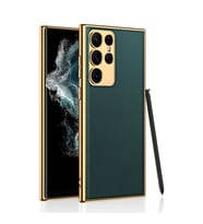 Lexroo Galaxy S23 Ultra Kılıf Deri Görünümlü Kenarları Elektroplating Kaplama Fizyon Kılıf - Koyu Yeşil