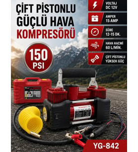 Profesyonel Hava Kompresörü 150 Psi 12v Çift Pistonlu Çantalı Özel Ekstra 4 Şişirme Aparatlı