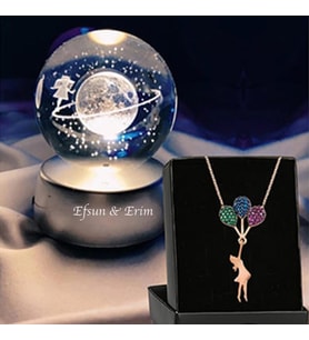 Kişiye Özel Satürn Işıklı Cam Küre 8cm*6cm Uçan Balonlu Kız Kolye
