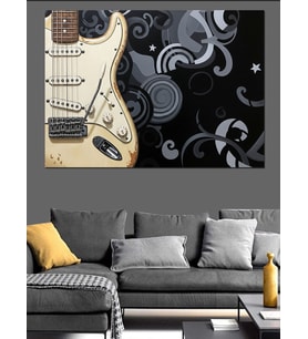 Beyaz Gitar Ve Art Deco Siyah Fon Çizimi Dekoratif Kanvas - Mdf Ahşap Tablo