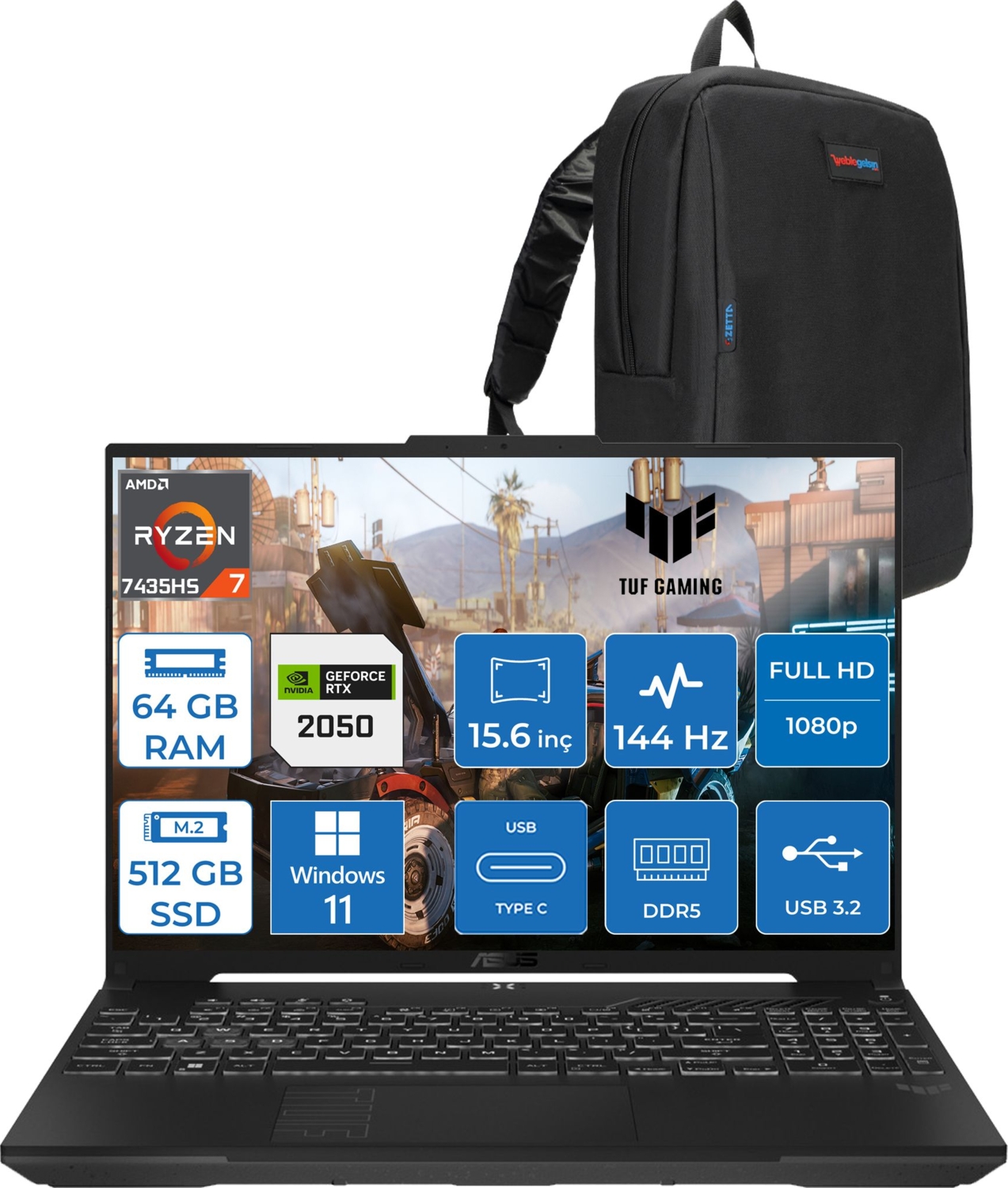Asus Tuf Gaming A15 FA506NFR Amd Ryzen 7 7435HS 64 GB Ddr5 512 GB SSD RTX2050 4 GB 15.6" Fhd IPS 144HZ Windows 11 Home Taşınabilir Bilgisayar HN012H21 + Zetta Çanta