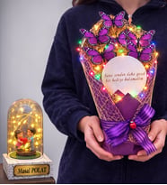 Renkli Led Işıklı Aynalı Mor Kelebek Buketi (Kişiye Özel Led Işıklı Fanus Hediyeli) (Model 8)