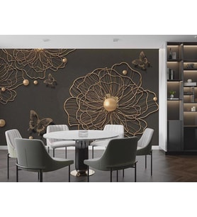 3D Boyutlu Gold Çiçek ve Kelebekler Duvar Kağıdı