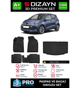 S-Dizayn Hyundai i10 3D Pro Havuzlu Paspas ve Bagaj Havuzu Seti (2'li SET) 2013-2019 A+ Kalite