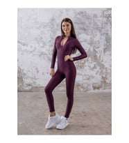 Mürdüm Rengi Yakası Fermuarlı Uzun Kollu Spor Tayt Tulum