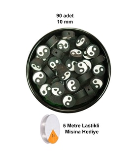 90 Adet 10 mm Polimer Kil Fimo Boncuk Takı Bileklik + 5 Metre Lastikli Misina Hediye - Yin Yang