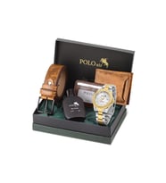 Polo Air Mercek Takvimli Erkek Kol Saati Kemer Cüzdan Kartlık Parfüm Seti Gümüş Gold Renk PL-7075E9 (Altın-Gümüş)