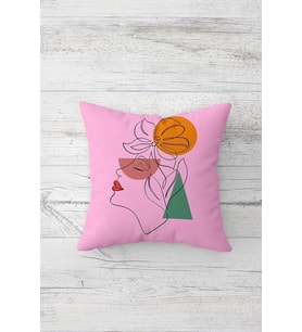 Line Art Çift Tarafı Baskılı Gizli Fermuarlı Yıkanabilir Leke Tutmaz Dekoratif Kırlent Kılıfı (Açık Pembe)