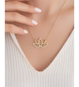 Taşlı Lotus Çiçeği 14 Ayar Altın Kolye (Gold)