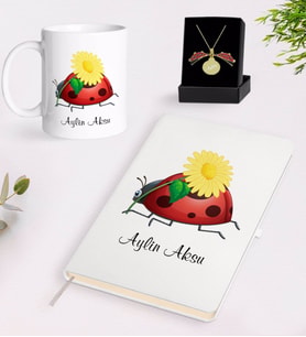 BK Gift Kişiye Özel Uğur Böceği Temalı Beyaz Defter Kupa ve Açılan Uğur Böceği Kolye Hediye Seti-2 (Model 1)