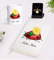 BK Gift Kişiye Özel Uğur Böceği Temalı Beyaz Defter Kupa ve Açılan Uğur Böceği Kolye Hediye Seti-2 (Model 1)