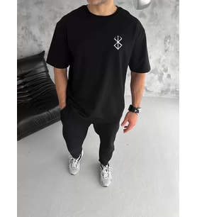 pilelistore- Unisex Bisiklet Yaka Baskılı Oversize T-Shirt - Siyah