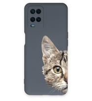 Oppo A16 Uyumlu Lansman Kılıf Catface Tasarımlı İçi Kadife Kapak-Gri (Şeffaf)