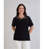Kadın Siyah V Tül Yaka Detaylı Şık Tshirt