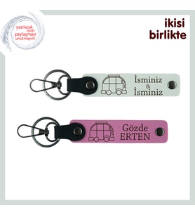 Doğa Ruhu Taşıyan Deri Anahtarlık, İsim Yazılabilir Karavan Motifli 2’li Set, Beyaz-Pembe