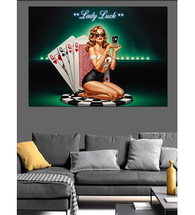 Pin-Up Kız Poker Oynuyor "Lady Luck" Dekoratif Kanvas - Mdf Ahşap Tablo