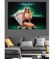 Pin-Up Kız Poker Oynuyor "Lady Luck" Dekoratif Kanvas - Mdf Ahşap Tablo