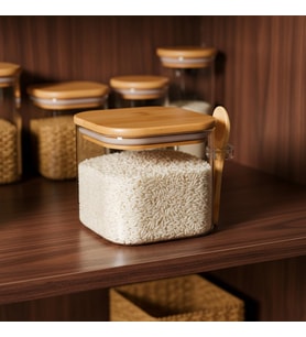 600 ml Bambu Kapaklı ve Kaşıklı Kare Cam Kavanoz, Vakumlu Ahşap Kapaklı Baharatlık, Kendinden Kaşık Yuvalı Şeker, Kahve ve Banyo Tuzu Saklama Kabı