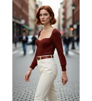 Kadın Regular Kalıp Uzun Kollu Crop Kahverengi Kalp Yaka Fitilli Akrilik Triko Kazak Günlük Şıklık