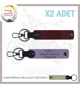 Motorsikletçilere Özel, İsim Plaka ve B Rh (-) Kan Grubu Yazılı x2' li Anahtarlık Set, Mor-Bordo-SK (Çok Renkli)