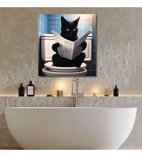 Tekli Kare Kanvas Banyo Tablosu Gazete Okuyan Mavi Gözlü Siyah Kedi