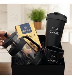 İsme Özel Premium Tasarım Erkek Kadın Hediye Seti - Çelik Termos,  Kupa Bardak, French Press, Tchibo Filtre Kahve
