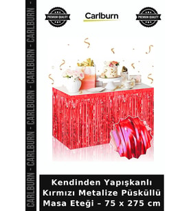 Kendinden Yapışkanlı Kırmızı Metalize Püsküllü Masa Eteği – 75 x 275 cm Nişan Göz Alıcı Mekan Süsü