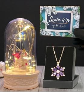 Gerçek Ametist Taşlı Lotus Kolye ve Led Işıklı Tasarım Fanus Hediye Seti (Model 1)