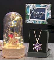 Gerçek Ametist Taşlı Lotus Kolye ve Led Işıklı Tasarım Fanus Hediye Seti (Model 1)