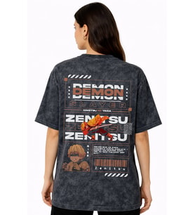 Demon Slayer Zenitsu Kimetsu No Yaiba Anime Sırt Baskılı Unisex Oversize Eskitme Yıkamalı Tişört
