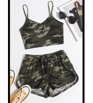 Fantezia Night Kadın Kamuflaj Desenli Askılı Crop Top ve Şortlu Gecelik Takım