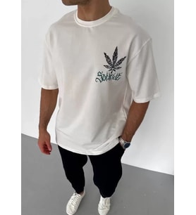 pilelistore- Unisex Bisiklet Yaka Baskılı Oversize T-Shirt - Beyaz