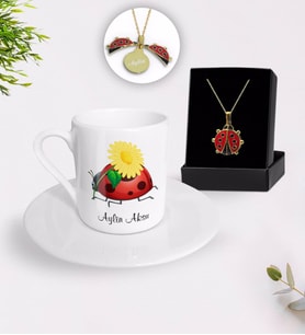 BK Gift Kişiye Özel Uğur Böceği Temalı Türk Kahvesi Fincanı ve Açılan Uğur Böceği Kolye Hediye Seti-2 (Model 1)