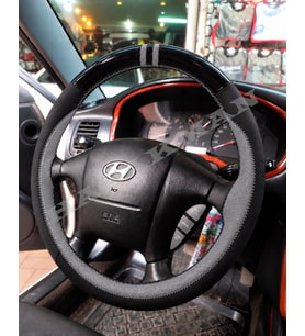 Hyundai Santa Fe Dikme Direksiyon Kılıfı Parlak Siyah Gri Detaylı Gri Çift Yüzük ve Dikiş 2001-2006