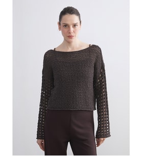 LCW Comfort Kahverengi Kayık Yaka Ajurlu Kadın Triko Kazak