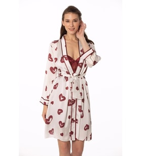 Kadın Bordo Saten Emprime Gecelik & Sabahlık Takım - 2406