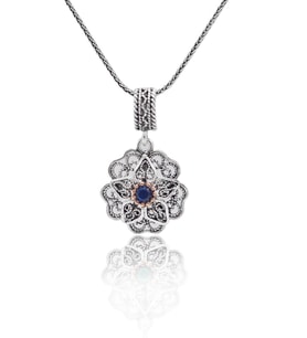 Safir Taşlı Gül Model Oksitli 925 Ayar Gümüş Telkari Kadın Kolye 201025653