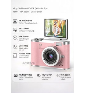 4K Dijital Fotoğraf Makinesi 48MP Flip Ekran 18X Zoom Flaşlı 64GB Hediyeli