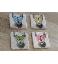 Kelebek Maskeli Kadın Doğal Taş Bardak Altlığı 4'lü set - Natural Stone Coasters