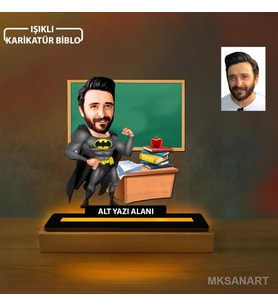 Kişiye Özel Süper Öğretmen Karikatürlü 14 cm MDF Işıklı Biblo - Öğretmen Hediyesi Öğretmene Özel Hediye