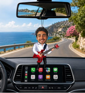 Kişiye Özel Gitarist Karikatürlü Araç Dikiz Aynası Süsü – Fotoğraflı Müzik Temalı Tasarım