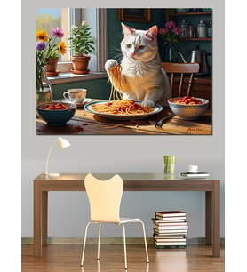 Spagetti Yiyen Sevimli Beyaz Kedi Dekoratif Kanvas - Mdf Ahşap Tablo