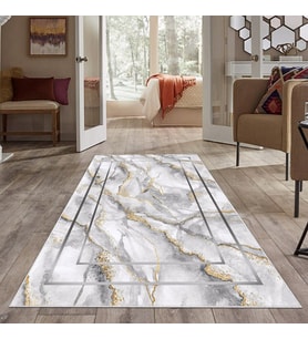 Beyaz Mermer Desenli Yıkanabilir Kaymaz Taban Leke Tutmaz Modern Salon Halısı ve Yolluk (Beyaz-Gri)