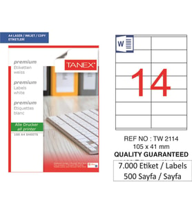 Tanex Lazer Etiket tw-2114 500 A4 Sayfa Laser Etiket 105 x 41 mm Boyutunda 1 A4 Sayfada 14 Etiket.