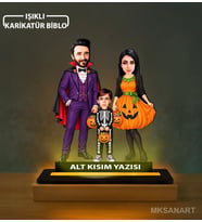 Kişiye Özel 3 Kişilik Başsız Cadılar Bayramı Kostüm Karikatürlü 14 cm MDF Işıklı Biblo - Aile Hediyesi Anne Baba ve Aileye Hediye