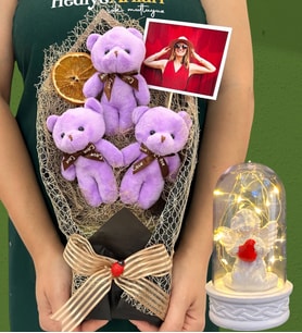 Fotoğraflı Büyük Boy 3'lü Tasarım Peluş Ayıcık Buketi ve Led Işıklı Beyaz Melekli Fanus (Model 2)