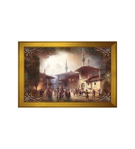 Osmanlıda Çarşı Meydanı Motifli Kanvas Tablo 50 x 70 cm Gold Çerçeve