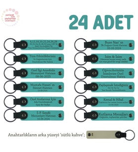 Doğa Yürüyüş Grubu İçin İsim Yazlıabilen Hatıra Anı Anahtarlık 24’lü Set, Koyu Turkuaz & Sütlü Kahve